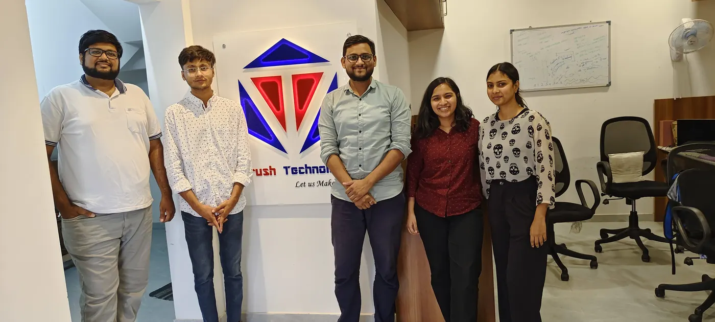 The Viprush team standing in front of the company logo in the office